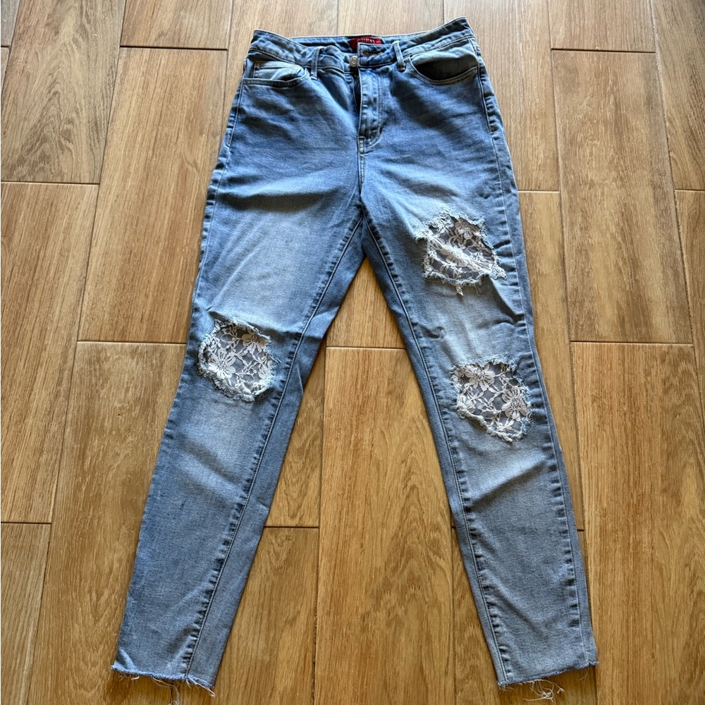 Guess Light Blue Distressed denim with white lace detail Skinny Jeans